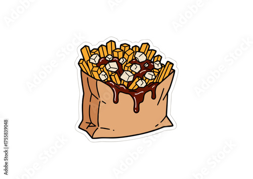 Delicious Poutine Icon A tempting illustration of French fries, gravy, and cheese curds in a paper bag