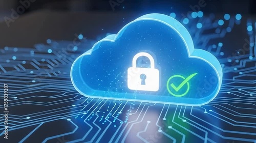 Secure cloud computing provides data protection with a padlock and checkmark ensuring safe data transmission for modern business technology solutions