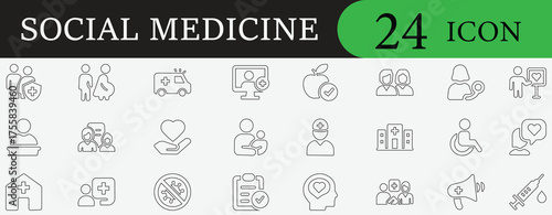 Modern social medicine and healthcare icon set with doctor, hospital, nurse, treatment, prevention, diagnosis, therapy, and medical support