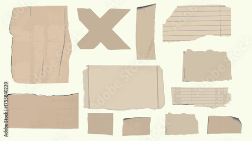 A vector illustration styled in a textured, rustic design, themed around torn paper. Features various torn cardboard pieces in beige tones, including an "X" shape, on a light background.
