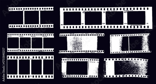 Vector illustration styled in a vintage film strip design, themed around photography. Features black and white film strips with empty frames, some with grainy textures, on a dark background.