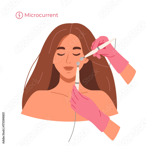 Professional microcurrents by electrical currents as a beauty procedure for stimulate muscles and improve skin health. Lifting skin care massage with electrode by cosmetologist