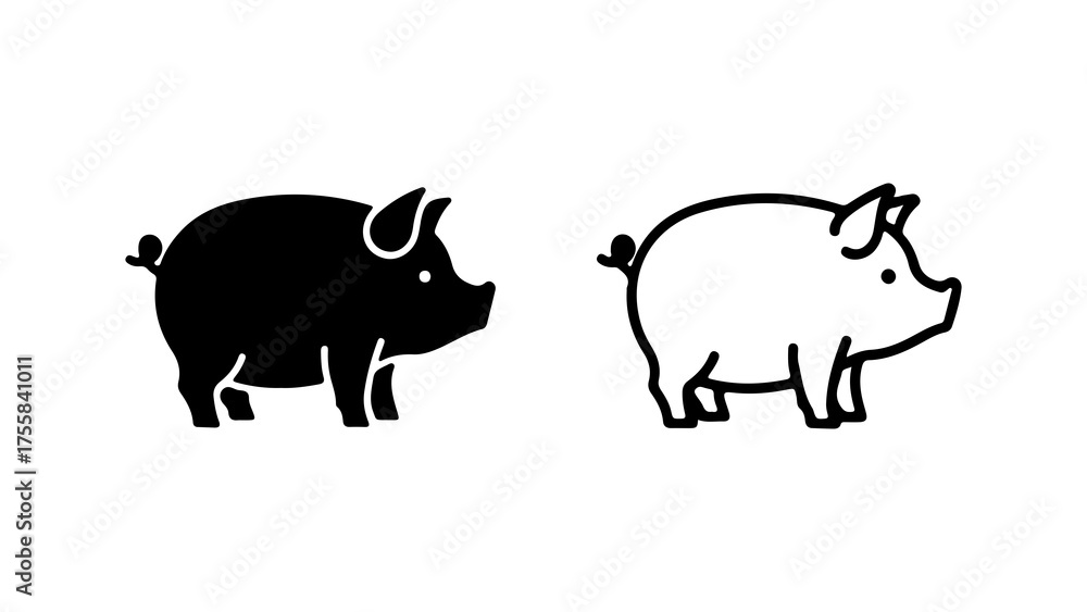 Fototapeta premium Pig icons with outline and solid fill with transparent background