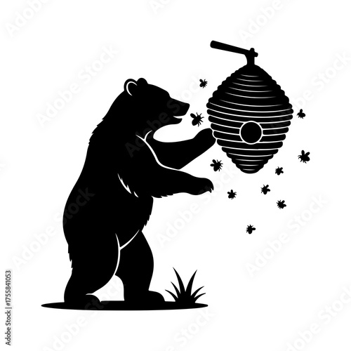 Bear raiding beehive with transparent background