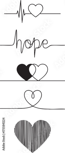 Collection of minimalist heart symbols including heartbeat line hope word and various continuous line art designs.