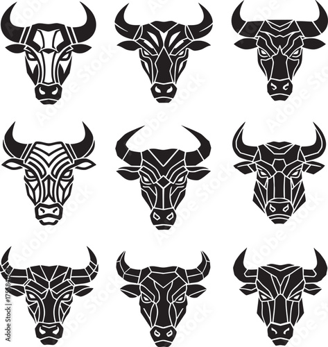 Collection of nine stylized black bull head icons with tribal and geometric patterns.