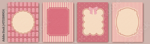 Pink frames with geometric patterns. Scallop shaped borders. Lines, rhombs, dots patterns. Retro, vintage style. Old paper hand crafted texture.