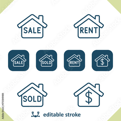 Real Estate Icons. Sign, For Sale, Rent, Sold, Dollar, Home, House Icon