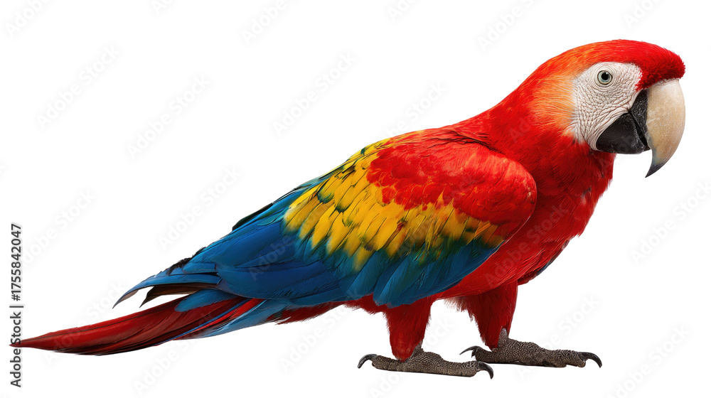 Obraz premium Scarlet Macaw in Vivid Color: A striking scarlet macaw perches gracefully, showcasing its vibrant plumage of red, blue, and yellow feathers, creating a mesmerizing display of exotic beauty.