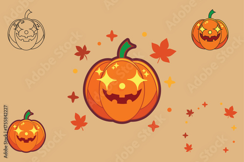 Cute Halloween Pumpkin Illustration | Smiling Jack-o'-Lantern with Autumn Leaves and Stars