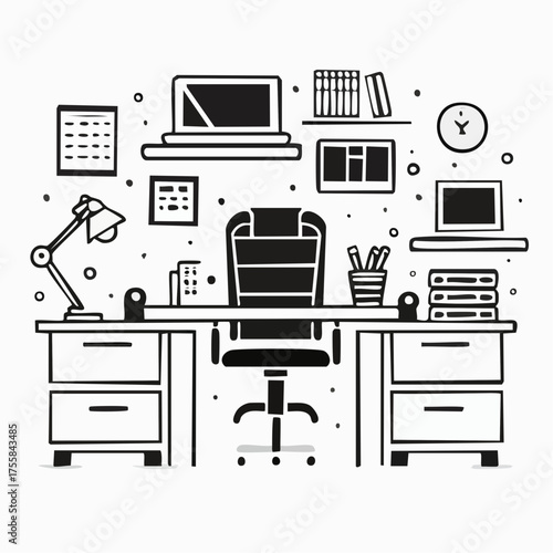 Collection of black and white line art icons depicting office desk setups and technology computer chair