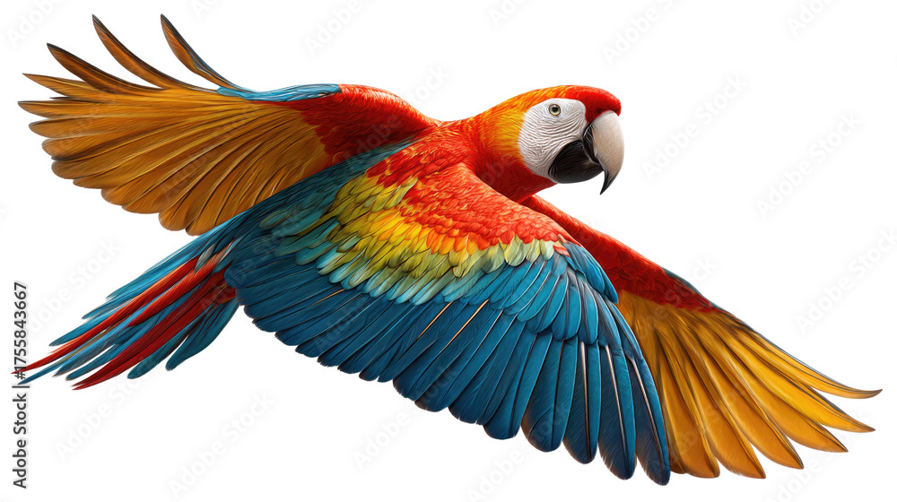 Obraz premium Macaw in Flight: A stunning scarlet macaw soars through the air, its vibrant plumage of red, yellow, and blue creating a breathtaking spectacle of freedom and beauty.