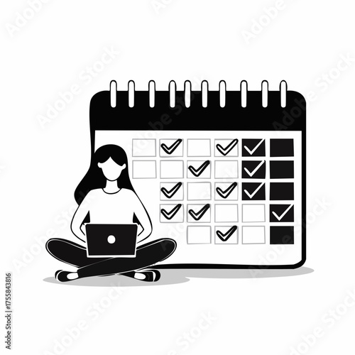 Woman works on laptop near a large calendar with tasks and checkmarks planner schedule