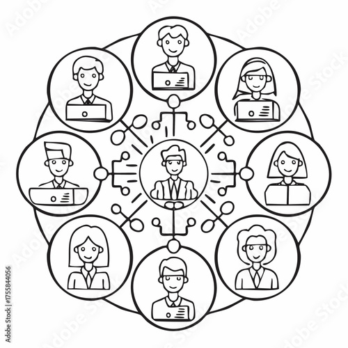 Nine line art icons representing teamwork, collaboration, and remote work hybrid work coworking