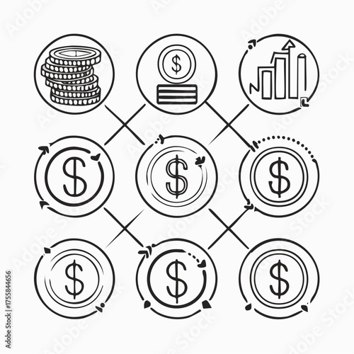 Tableau sur toile Set of nine line art icons representing money growth and investment finance doll