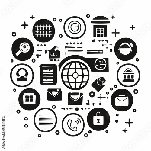 Set of black and white icons for communication and contact methods technology support