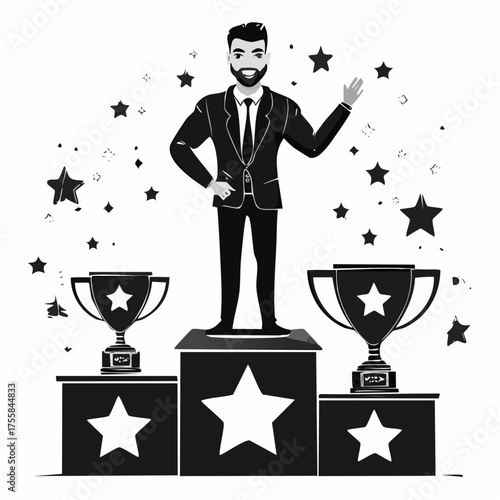 Icon set showing awards trophy businessman on podium and medals with stars prize