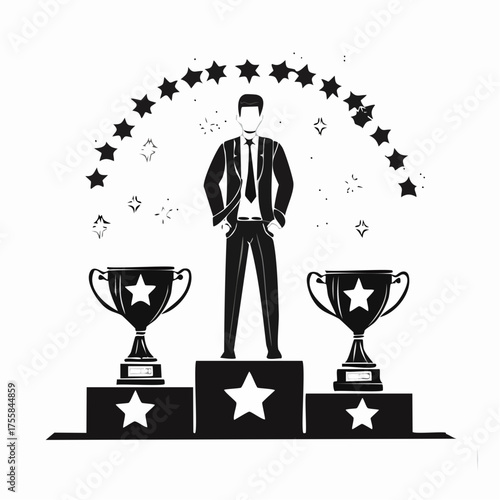 Icon set showing awards trophy businessman on podium and medals with stars prize