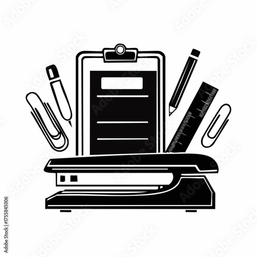 Black and white icons of office supplies pen paperclip folder printer and stapler writing stationery