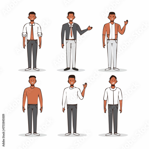 Six simple line art figures showing different human poses and movements person male