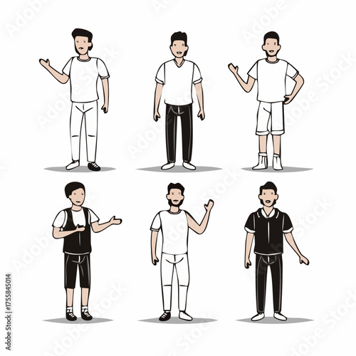Six simple line art figures showing different human poses and movements person male
