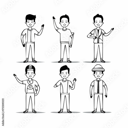 Six simple line art figures showing different human poses and movements person male