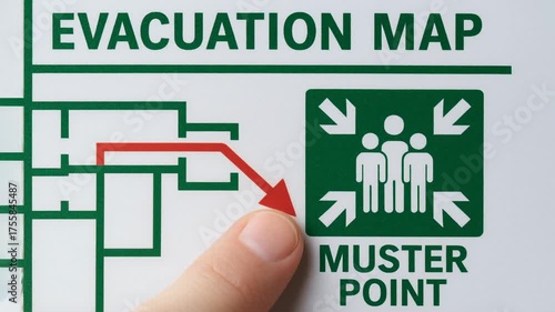 Evacuation map safety accident prevention muster point route finger pointing directional arrow emergency exit plan calm response guide assembly area