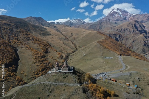 Aerial view of the Gergeti Trinity Church in Georgia