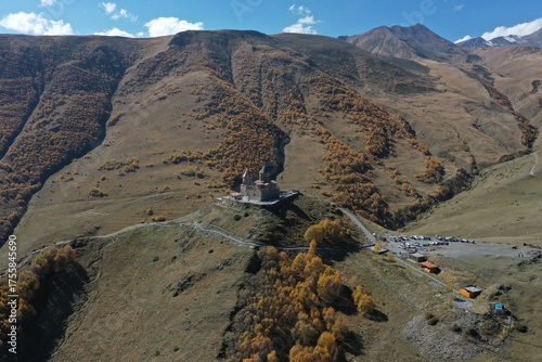Aerial view of the Gergeti Trinity Church in Georgia