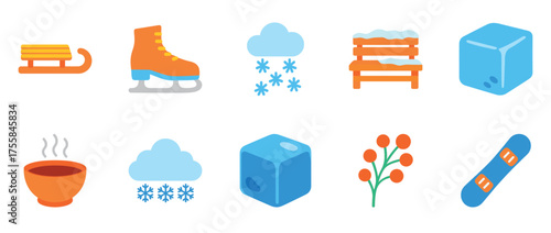 Winter icons: sledding, ice skating, snow, hot cocoa, snowboarding