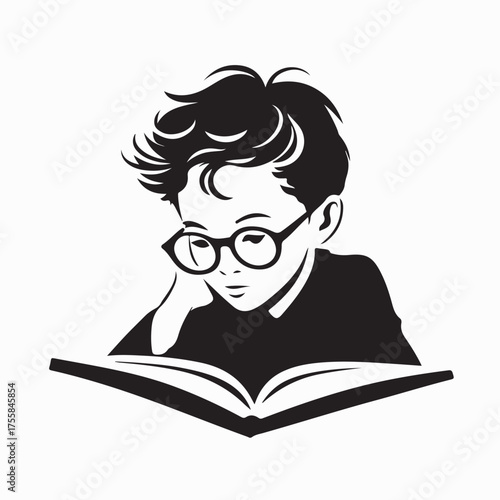 Smart Kid with Glasses Reading a Book Vector Illustration