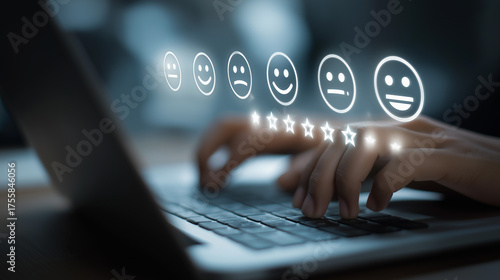  Person typing on a laptop with glowing virtual icons showing customer support, feedback, satisfaction ratings, and 'Service Excellence'. Concept of customer experience and quality service.