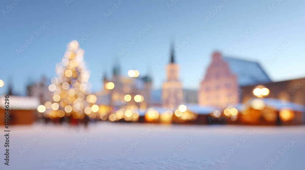 Obraz premium Snow-covered ground with twinkling christmas lights creating bokeh effects. Illuminating a festive market scene in a european city square during winter. Evoking holiday cheer and seasonal celebration
