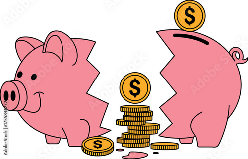 Vector art of broken piggy bank with coins, representing financial loss