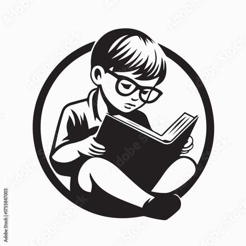 Young Student with Glasses Studying and Reading Book Vector