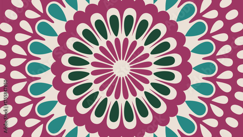 A colorful mandala pattern with pink green and white teardrop shapes in a circular arrangement