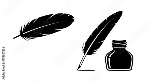 A vector illustration icon of a black bird feather quill and inkwell for writing antique calligraphy