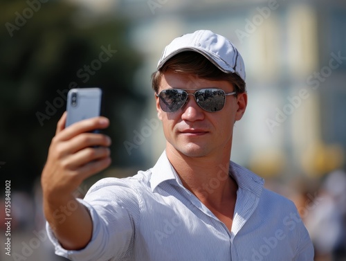 Man in sunglasses and cap taking selfie with smartphone outdoors on a sunny day, concept of modern lifestyle, travel, and digital communication.