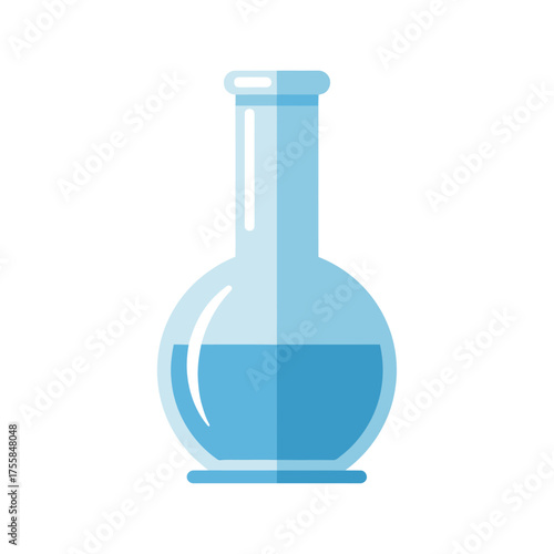 A simple flat design illustration of a round bottom laboratory flask filled with blue liquid.