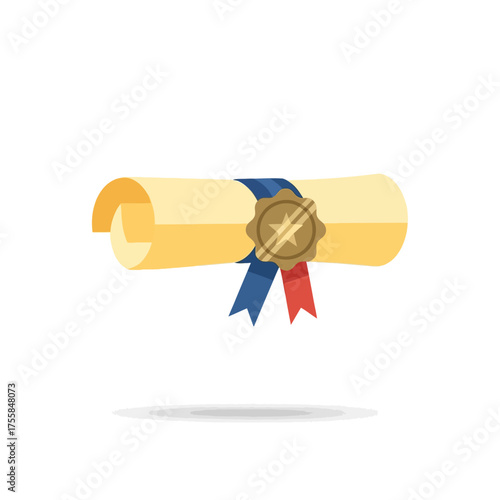 Rolled diploma scroll with a ribbon and wax seal vector illustration.