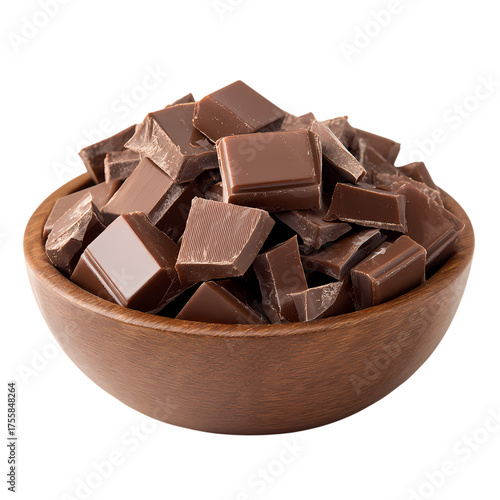 Delicious milk chocolate pieces in white bowl isolated on transparent background