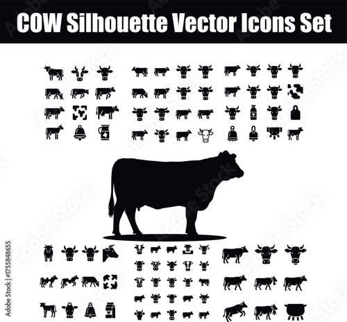 Cow Silhouette Vector Icons Set Featuring Farm Animal Shapes, Dairy Elements, and Livestock Symbols in Minimal Black and White Flat Design for Agriculture and Dairy Branding