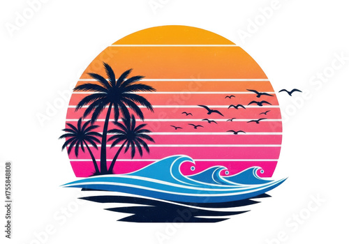 Retro sunset beach scene with palm trees and ocean waves neon glow art isolated on transparent background