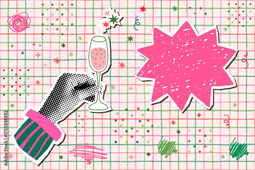 Fun Collage with A Hand Holding A Glass of Champagne and A Star Shaped Speech Bubble for Christmas Holiday Event Invitations, Posters and Banners