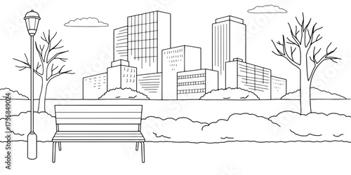 Winter park landscape graphic black white sketch illustration vector 