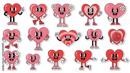 Cartoon Heart Characters Retro Valentines Day Stickers with Legs and Arms