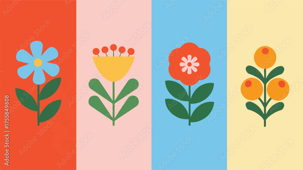 Naklejka premium Four Stylized Folk Art Flowers in Vertical Panels floral illustration
