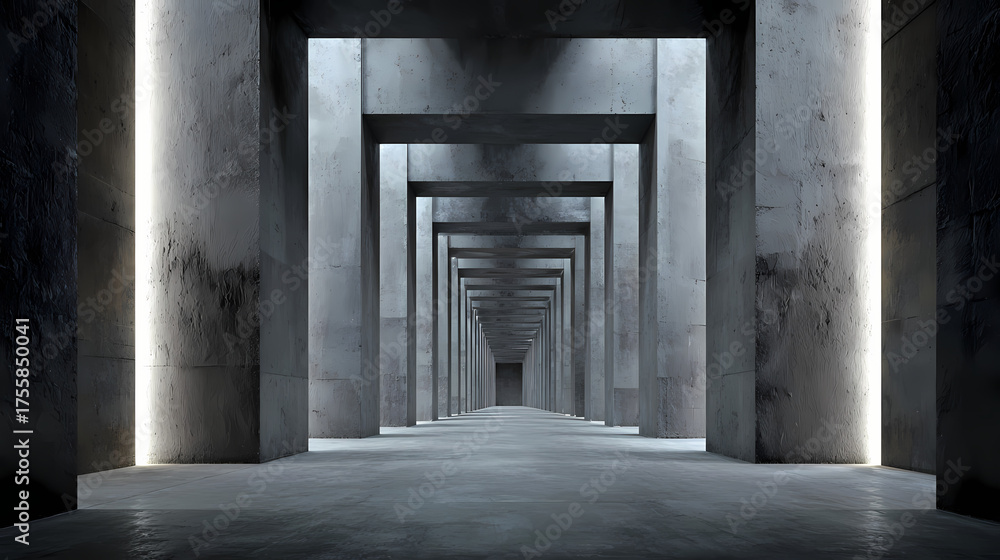 Obraz premium An imposing, industrial-style corridor with tall, minimalist pillars creating a sense of depth and perspective, the strong geometry and stark lighting create a powerful visual