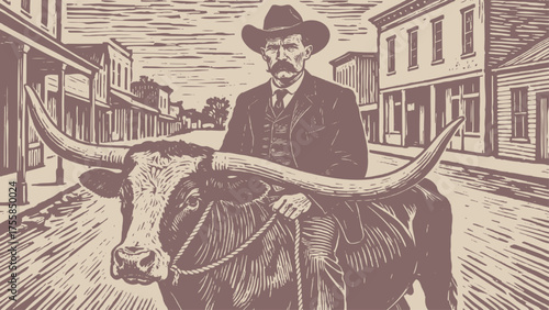 A man in a cowboy hat and mustache rides a giant Texas longhorn bull down an Old West street. Vintage vector illustration in a woodcut style.