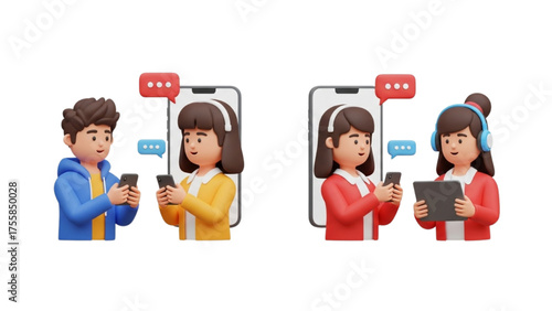 3D cartoon illustration of two people communicating via mobile phones and tablets